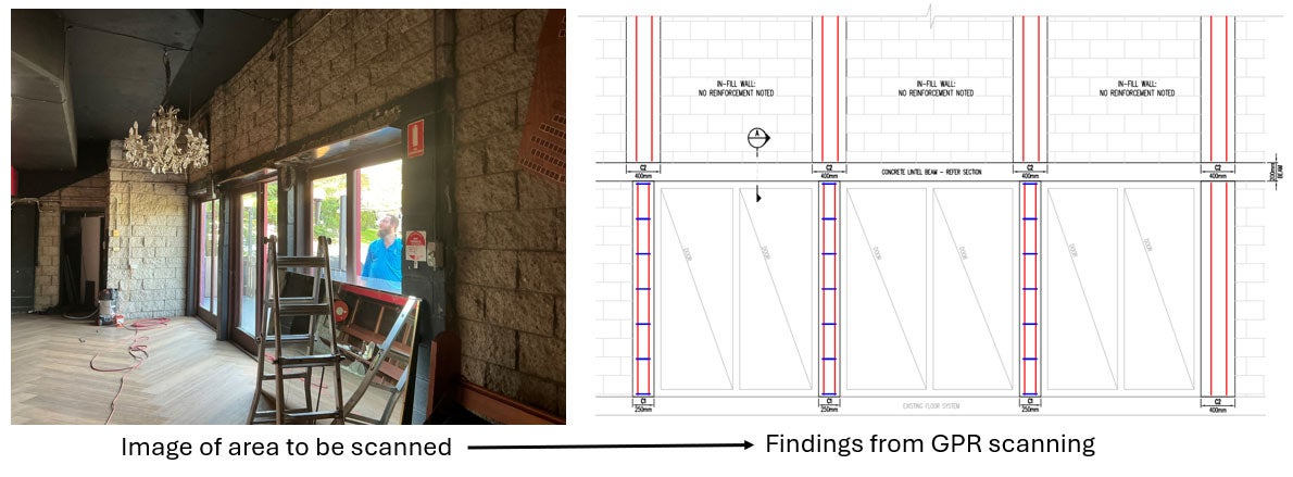 Concrete GPR scan results displaying rebar and post-tension cable locations for structural assessment