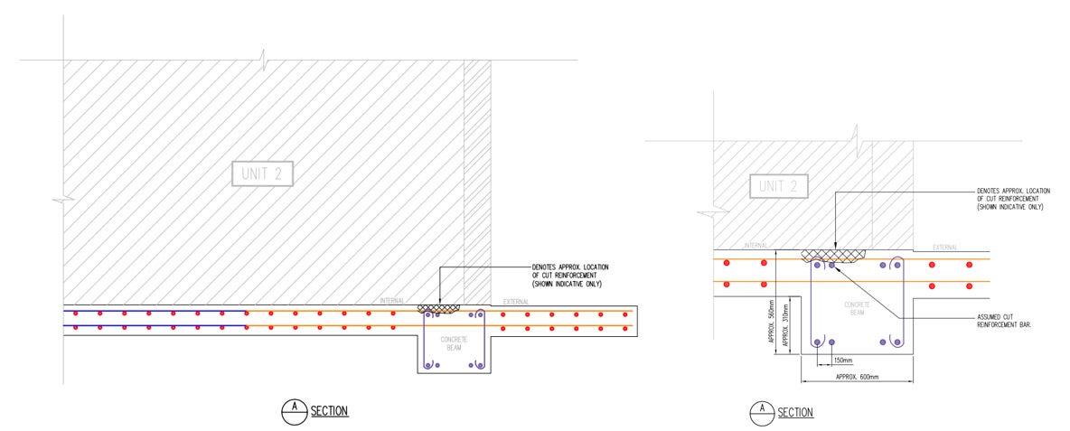 Concrete GPR scan results displaying rebar and post-tension cable locations for structural assessment